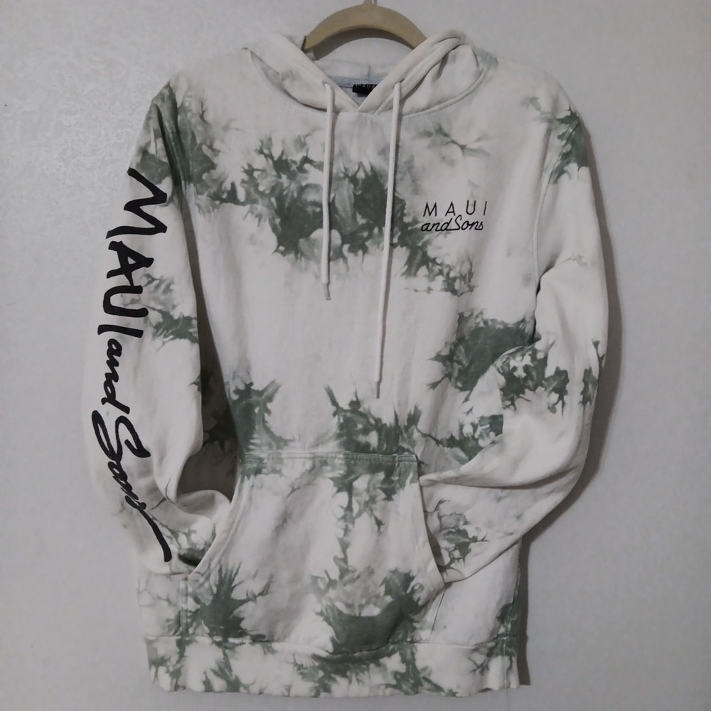 Maui‎ & Sons Pullover Tie Dye Logo Hoodie Unisex Sz. M White/Green  Pocket